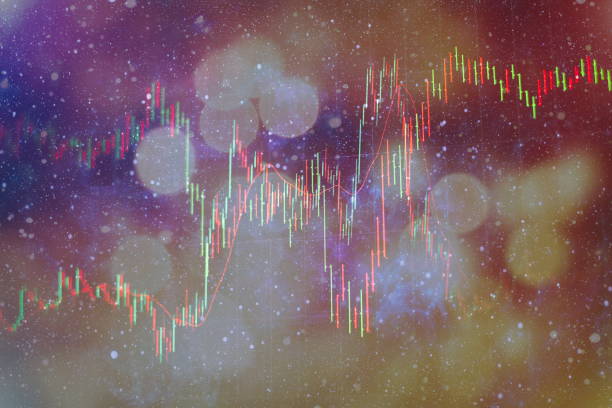 istock financial candlestick chart with line graph and stock numbers on gradient blue color background 1131750009