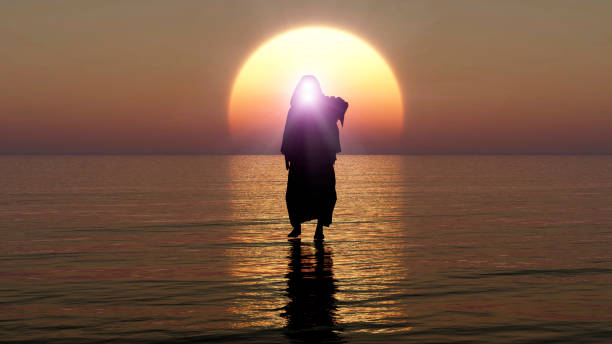 jesús camina sobre el agua, milagros de jesucristo, el profeta de dios, la venida de jesús del cielo en la noche del apocalipsis, renderizado 3d, ilustración 3d - milagro evento religioso fotografías e imágenes de stock