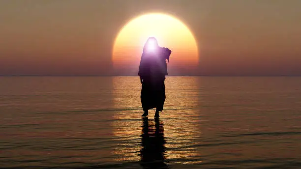 Photo of Jesus walks on water, Miracles of Jesus Christ,The prophet of God, The coming of Jesus from heaven in the apocalypse evening, 3D Rendering, 3D Illustration