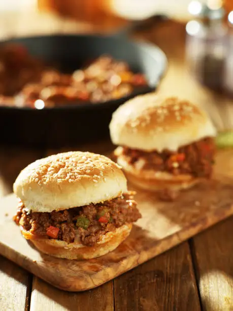 sloppy joe sandwiches freshly cooked from skillet shot with selective focus
