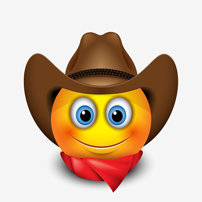 Cute smiling emoticon wearing cowboy hat, emoji, smiley