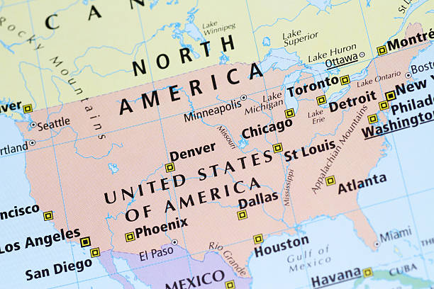 istock Multicolored map of USA, Canada, Mexico with cities 113175355