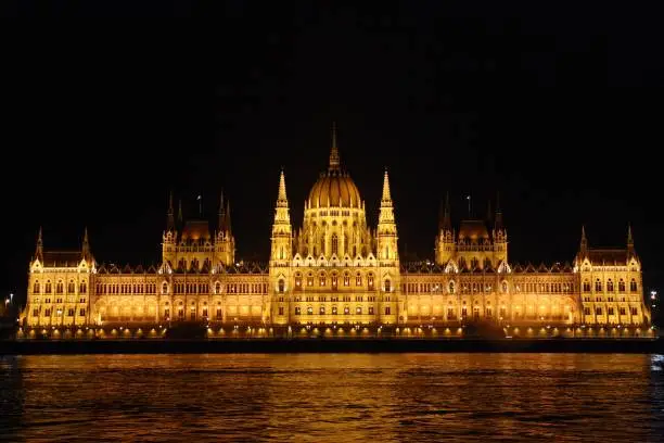 Beautiful urban landscape of hte Danube river and the Parliament of Budapest illuminated in a clear night of autumn in 2011.