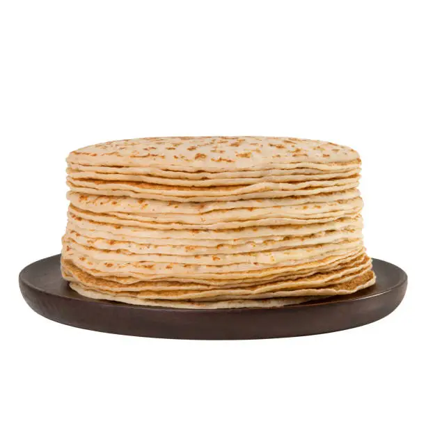 Plate with pancakes isolated on white background. Holiday carnival, Maslenitsa.