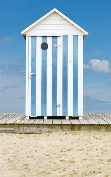 Beach Cabin cabin beach sand blue white wood beach hut stock pictures, royalty-free photos & images