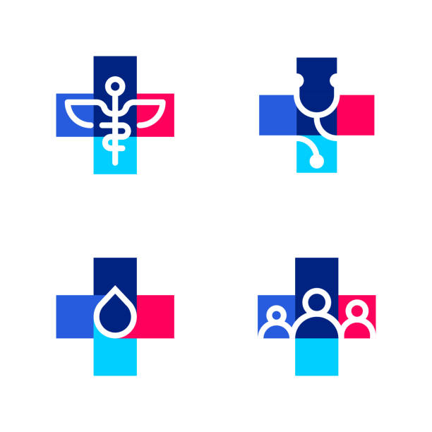 ilustraciones, imágenes clip art, dibujos animados e iconos de stock de plantillas o iconos de logotipos médicos o farmacéuticos con símbolos cruzados y médicos - medical logos