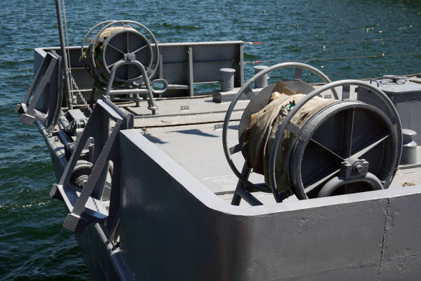 Coastguard, rescue and support patrol boat for defense sailing in blue sea. Navy patrol vessel protecting water borders and fisheries. Military ship, warship, battleship. Baltic Fleet, Russian Navy