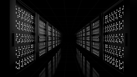 Network workstation servers on dark background. 3d illustration