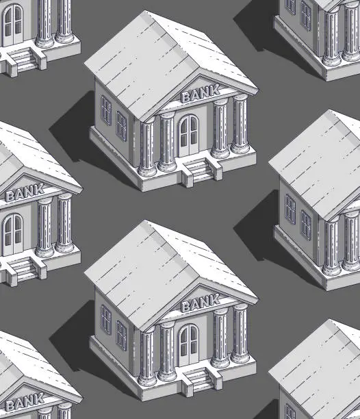 Vector illustration of Bank buildings seamless background, backdrop for financial business or banking website or economical theme ads and information, credits and savings, vector wallpaper or web site background.