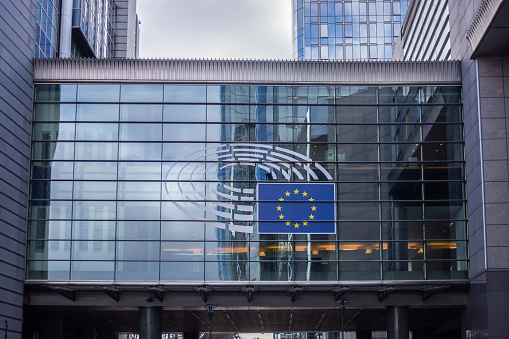 February 21, 2019. Brussels, Belgium. EU parliament. European Union parliament building facade, blue sky background