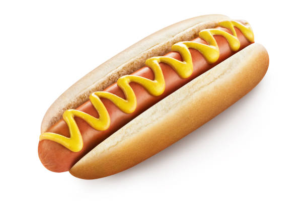 hot dog su bianco - mostarda foto e immagini stock