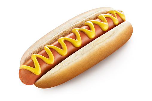 Delicious hot dog with mustard, isolated on white background