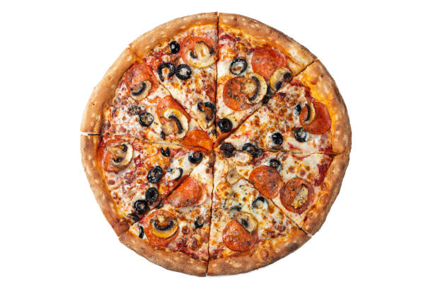 istock Isolated on white tasty pepperoni pizza with olives. 1131777604