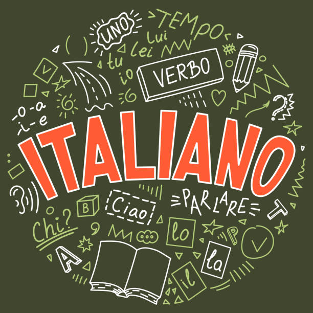 Italiano. Language doodles and lettering Italiano. Il, lo, la, ciao, verbo, uno, chi?, io, tu, lui, lei, parlare, tempo". Translate:"Italian. The, hello, verb, one, who?, me, you, him, she, talking, time". Language doodles and lettering italian language stock illustrations