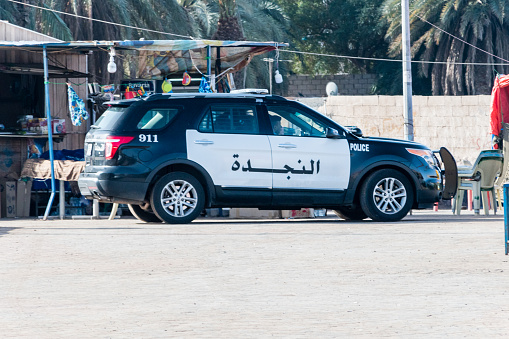 Aqaba, Jordan - February 8, 2019: Jordan's police car in Aqaba city.