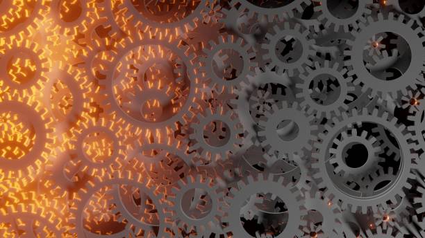 istock Bright red flash inside a set of gears. 3d illustration 1131779869