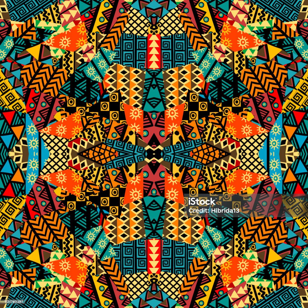 Colored ethnic patchwork mosaic with african motifs Pattern stock vector