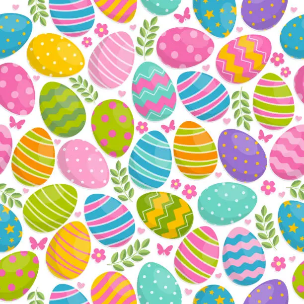Vector illustration of Seamless pattern of Easter eggs, flowers and butterfly on white background