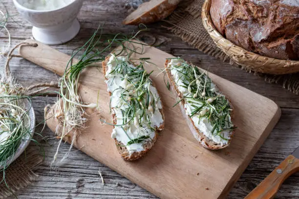 Photo of Sourdough bread with cottage cheese and wild crow garlic