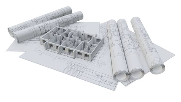 istock Built walls of a house on construction drawings 1131782823