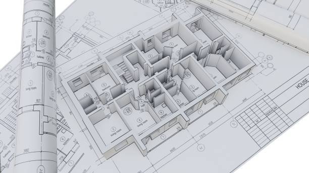 istock Built walls of a house on construction drawings 1131782841