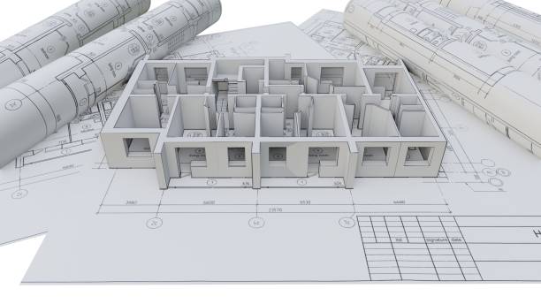 istock Built walls of a house on construction drawings 1131782853