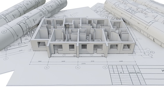 Built walls of a house on construction drawings. 3d illustration