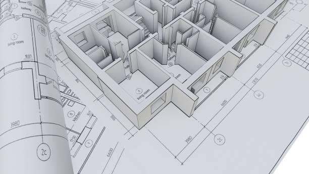 istock Built walls of a house on construction drawings 1131782907
