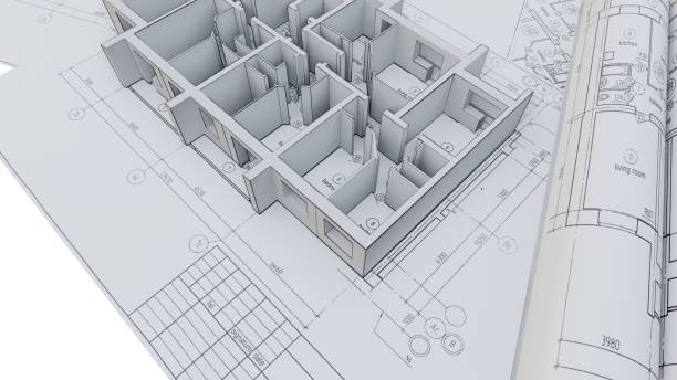 istock Built walls of a house on construction drawings 1131782924
