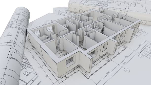 istock Built walls of a house on construction drawings 1131782960