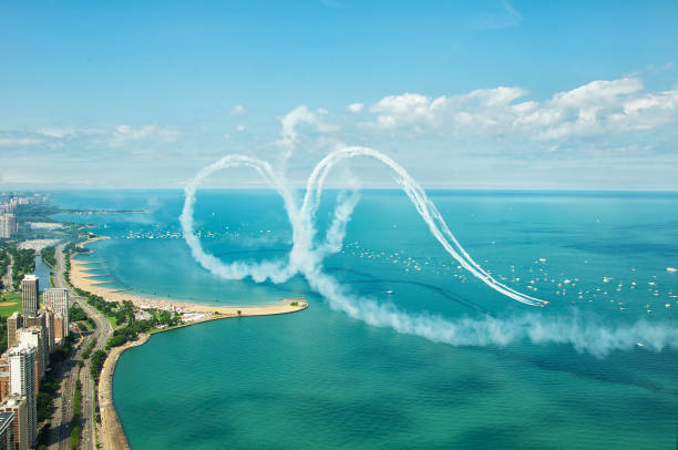 Smoke Trails Chicago Air and Water Show lake michigan stock pictures, royalty-free photos & images