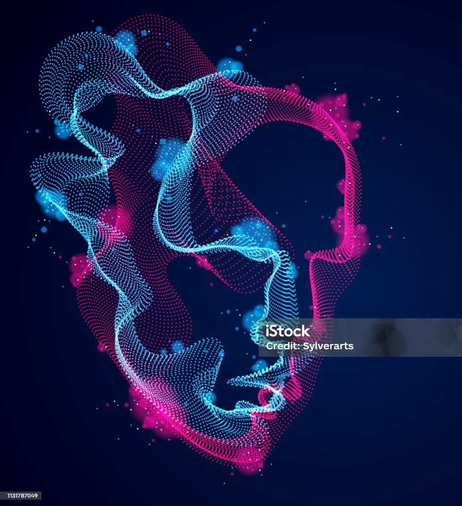 Beautiful vector human face portrait, artistic illustration of man head made of dotted particles array, Artificial Intelligence, pc programming software interface, digital soul. Artificial Intelligence stock vector