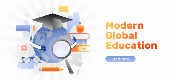 Modern global education concept with globe in graduation cap, magnifying glass, searching bars, books and pencil.Vector banner template. E-learning school, exam preparation, modern education.