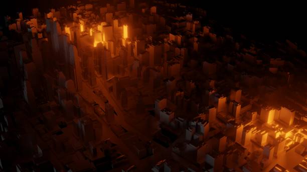 istock 3d city with bright red flashes on a dark background 1131788985