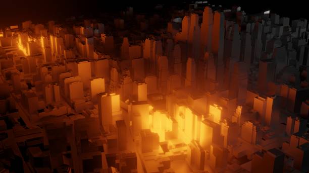 istock 3d city with bright red flashes on a dark background 1131788998
