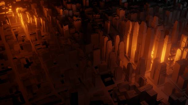 istock 3d city with bright red flashes on a dark background 1131789020