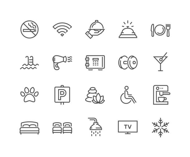 Line Hotel Icons Simple Set of Hotel Related Vector Line Icons. 
Contains such Icons as One Large and Two Separate Beds, Air Conditioning, Wi-Fi and more.
Editable Stroke. 48x48 Pixel Perfect. hotel stock illustrations