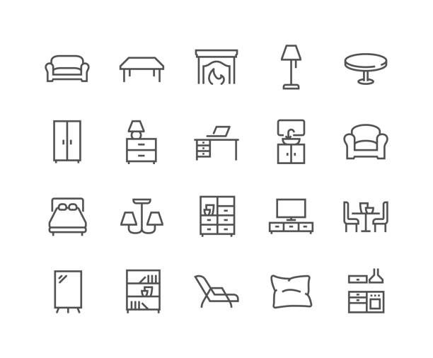 ilustraciones, imágenes clip art, dibujos animados e iconos de stock de iconos de muebles de línea - decor indoors pillow bedroom