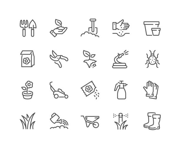 ilustraciones, imágenes clip art, dibujos animados e iconos de stock de iconos de jardinería de línea - shovel