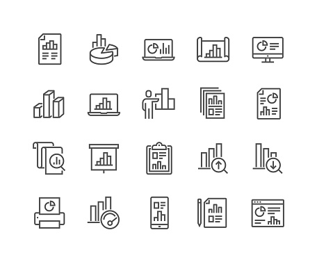 Simple Set of Graph Related Vector Line Icons. 
Contains such Icons as Report, Abstract Chart Presentation, Increase - Decrease Graph and more. Editable Stroke. 48x48 Pixel Perfect.