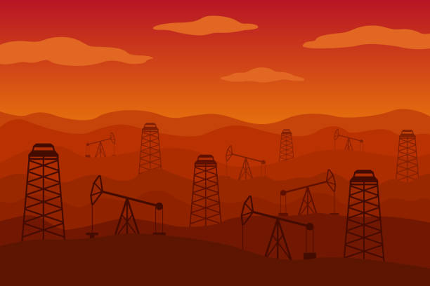 ilustrações de stock, clip art, desenhos animados e ícones de horse head oil pumps and derricks in desert. vector illustration - fog desert arabia sunset