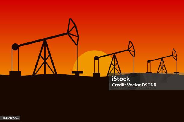 Oilfield In Desert Pumpjacks In A Row Vector Illustration Stock Illustration - Download Image Now