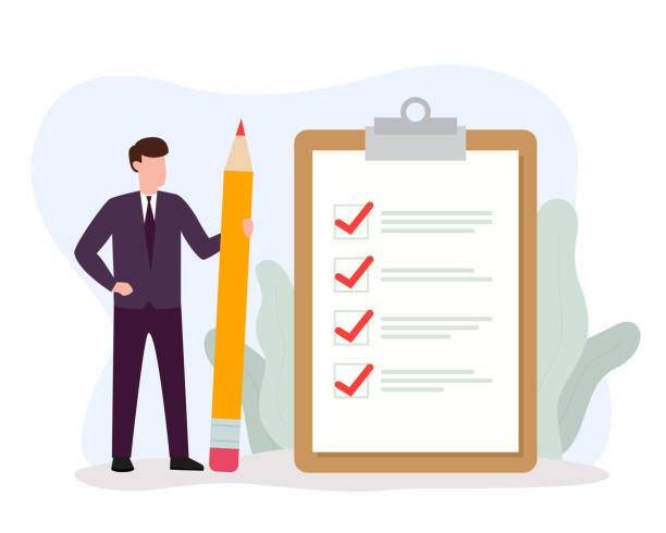 ilustrações de stock, clip art, desenhos animados e ícones de businessman holding big pencil looking at completed checklist on clipboard. successful completion of business tasks and goals achievements. - checkbox check mark checklist clipboard