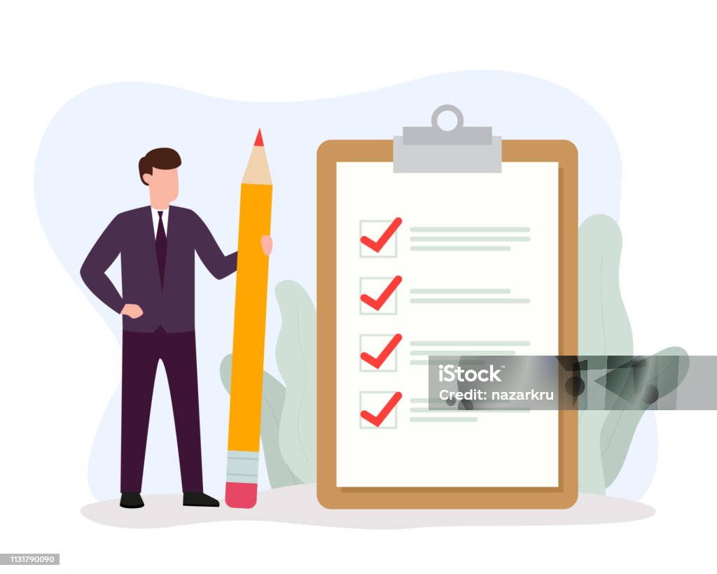 Businessman holding big pencil looking at completed checklist on clipboard. Successful completion of business tasks and goals achievements. Businessman holding big pencil looking at completed checklist on clipboard. Successful completion of business tasks and goals achievements. Vector illustration EPS 10. Clipboard stock vector