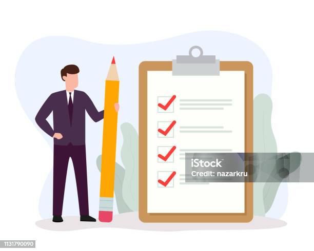 Businessman Holding Big Pencil Looking At Completed Checklist On Clipboard Successful Completion Of Business Tasks And Goals Achievements Stock Illustration - Download Image Now