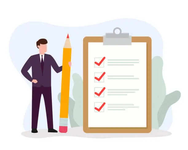 Vector illustration of Businessman holding big pencil looking at completed checklist on clipboard. Successful completion of business tasks and goals achievements.