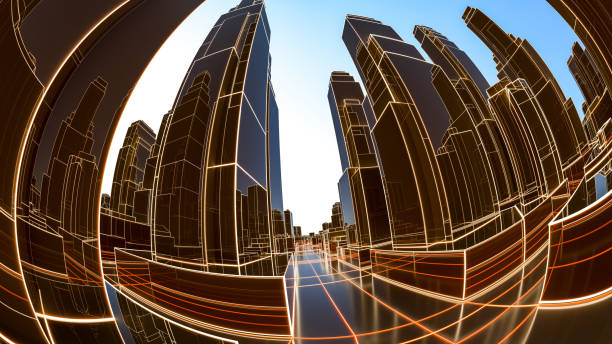 istock Abstract 3D city with luminous lines and black mirror buildings 1131793004