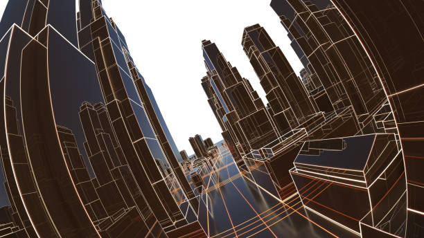istock Abstract 3D city with luminous lines and black mirror buildings 1131793108