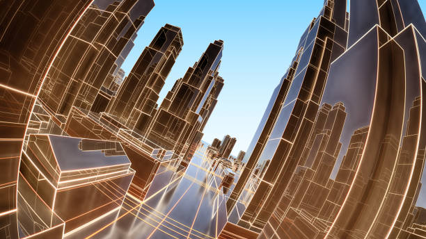 istock Abstract 3D city with luminous lines and black mirror buildings 1131793151