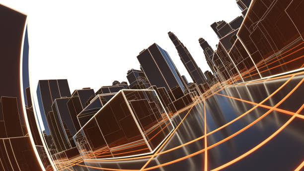 istock Abstract 3D city with luminous lines and black mirror buildings 1131793221
